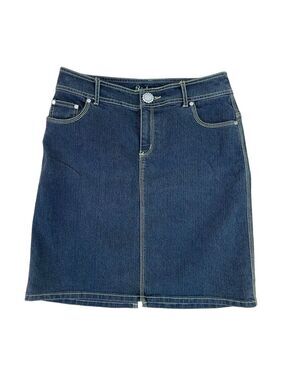 Point Zero Nicole Benisti jeans skirt blue denim lime stitches high rise size 9